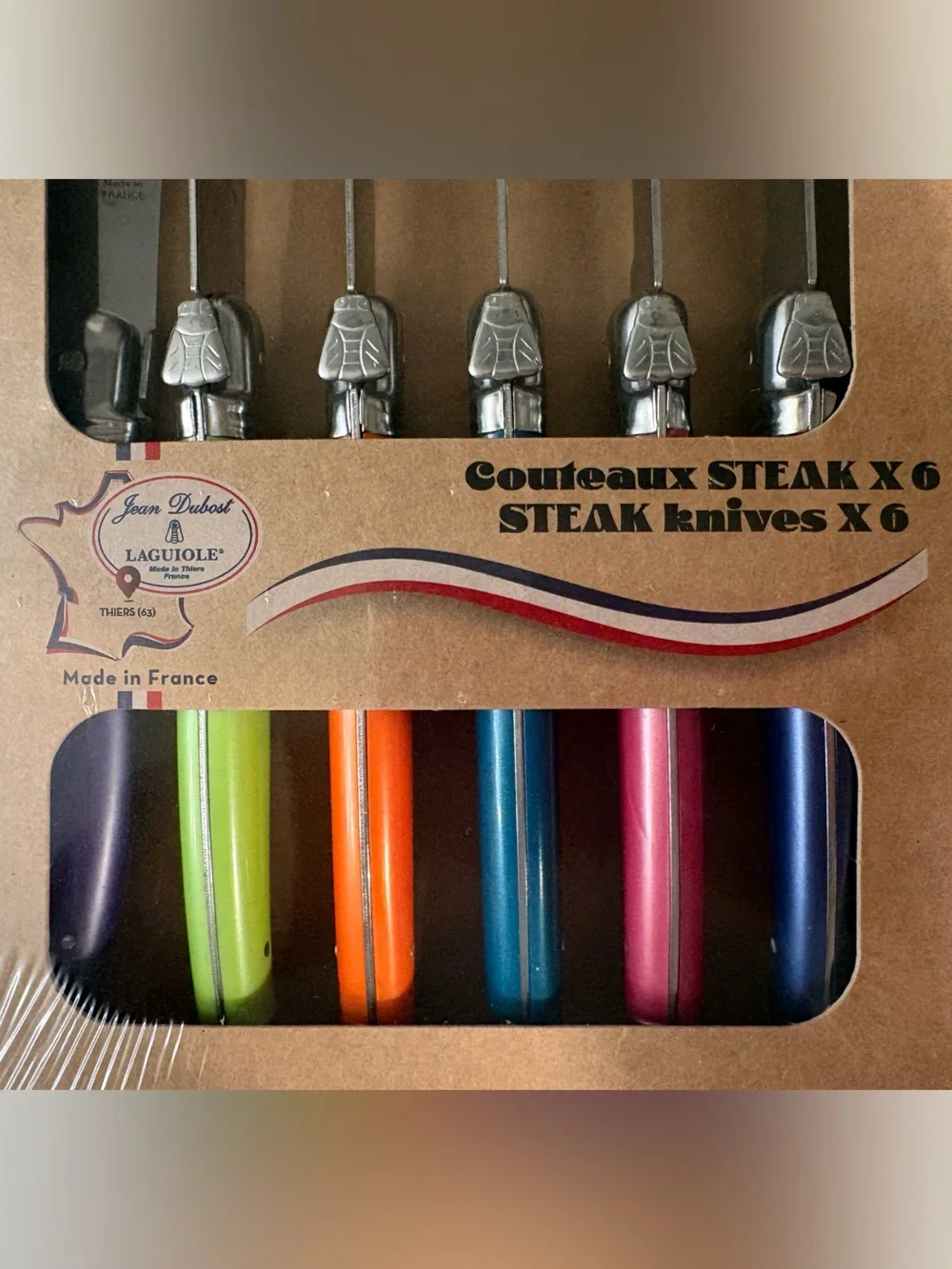 Jean Dubost Laguiole Steak Knives Set of 6 Multicolor France NWT